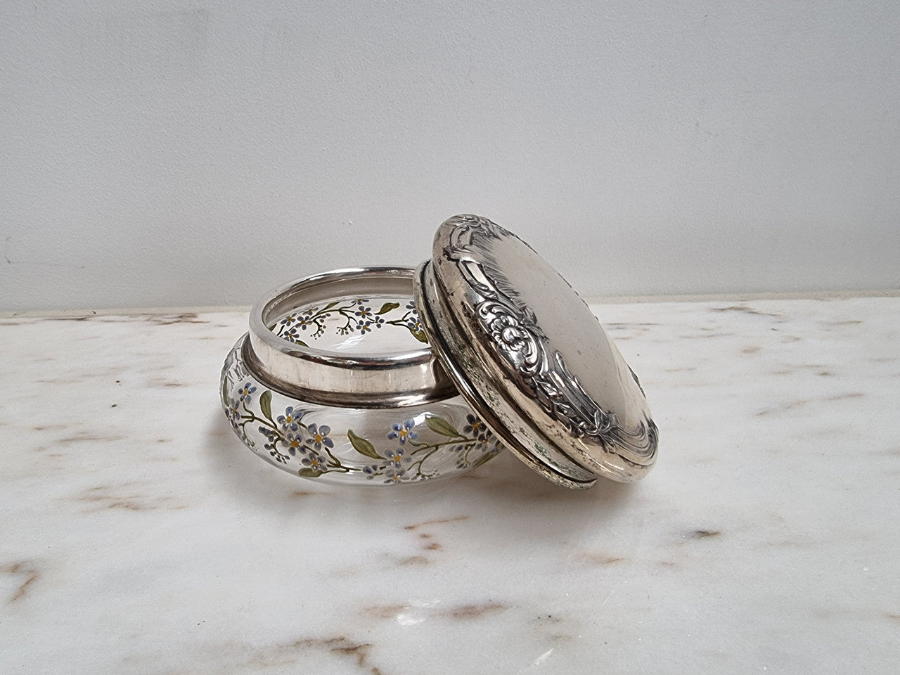 Edwardian Enameled Pattern Glass Dressing Table Bowl with Silver Plate Top