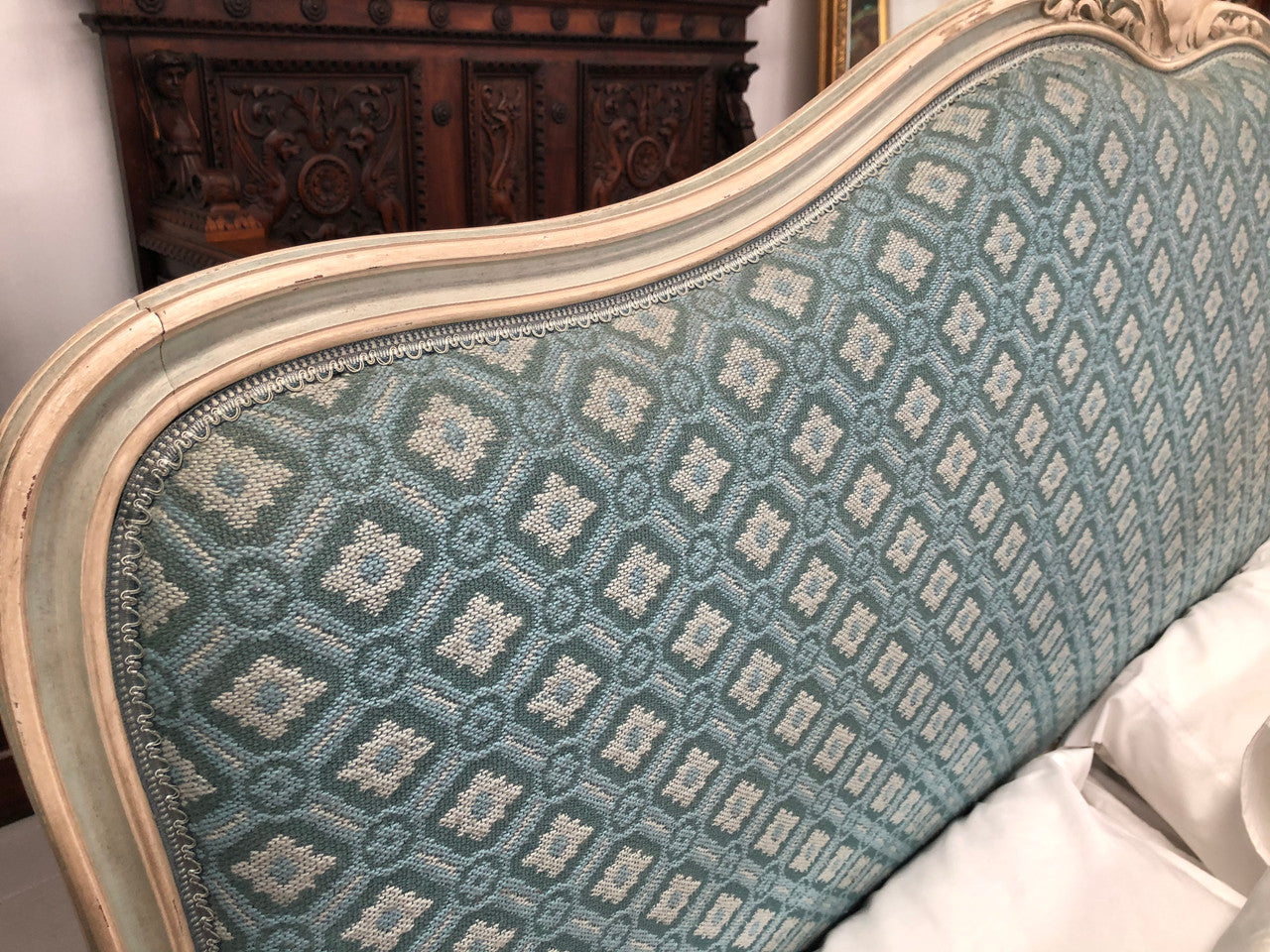 Painted Louis XV style upholstered queen size bed with its original paint and upholstery. Comes with custom made slats, all you need to is place you mattress on top.