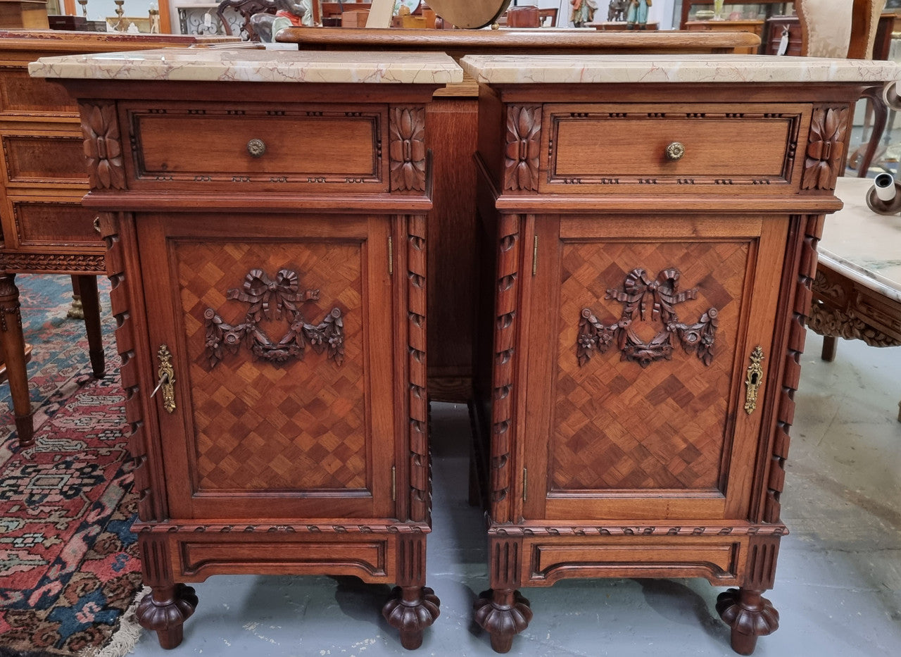 Impressive Pair of Walnut Parquetry Inlaid Henry II Style Marble Top Bedside Cabinets