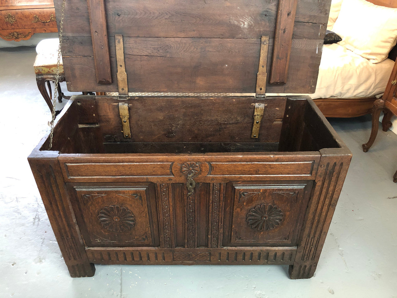 Early 18th century Antique French Oak coffee with beautiful original patina. In good original detailed condition.