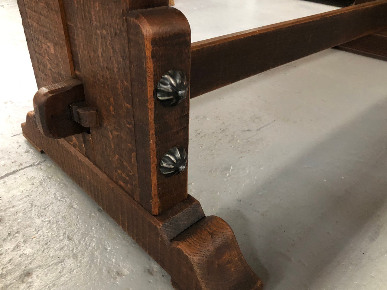 French Oak stretcher base Farmhouse dining table. In good original detailed condition.