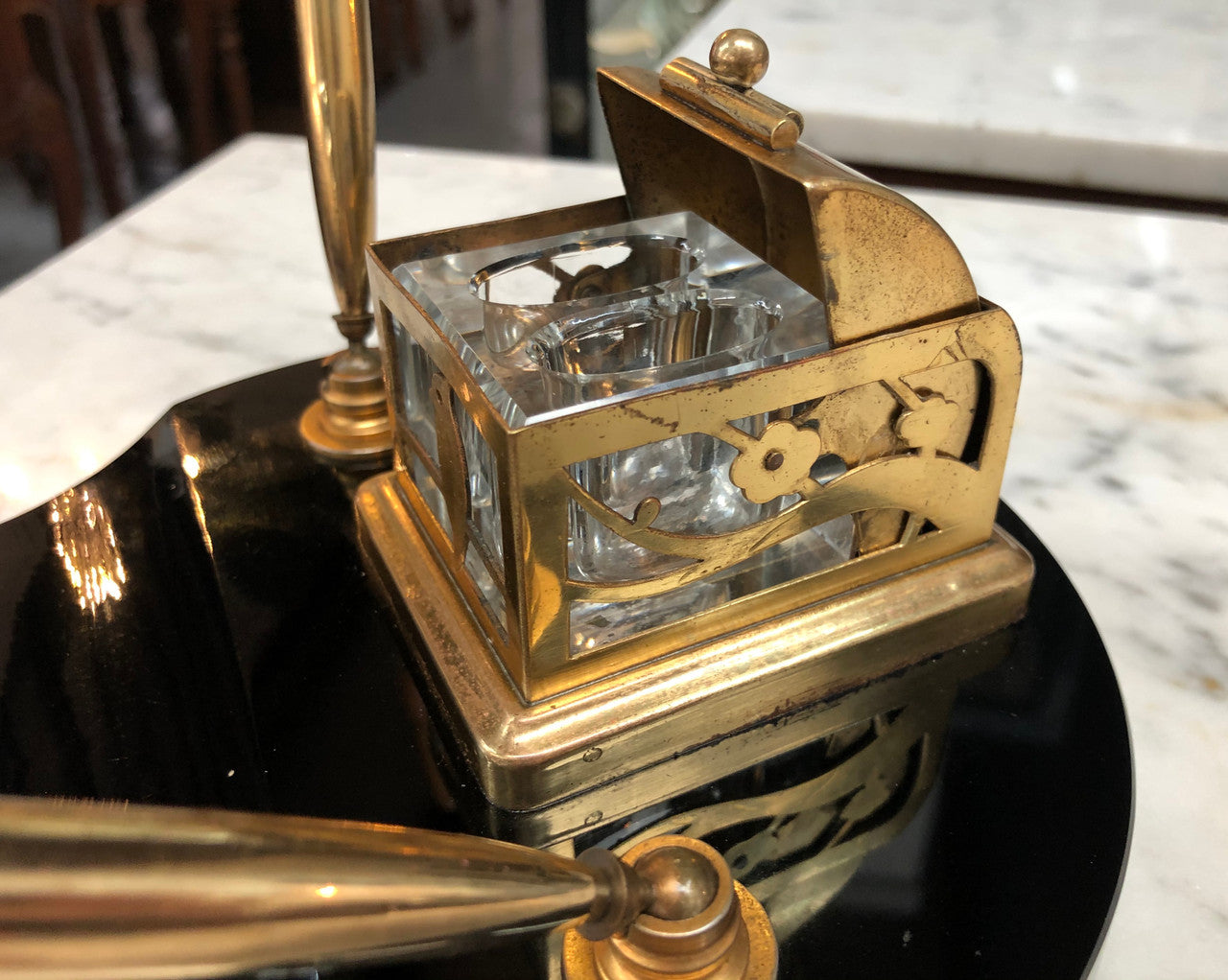 Round Art Deco Brass & Glass Ink Well