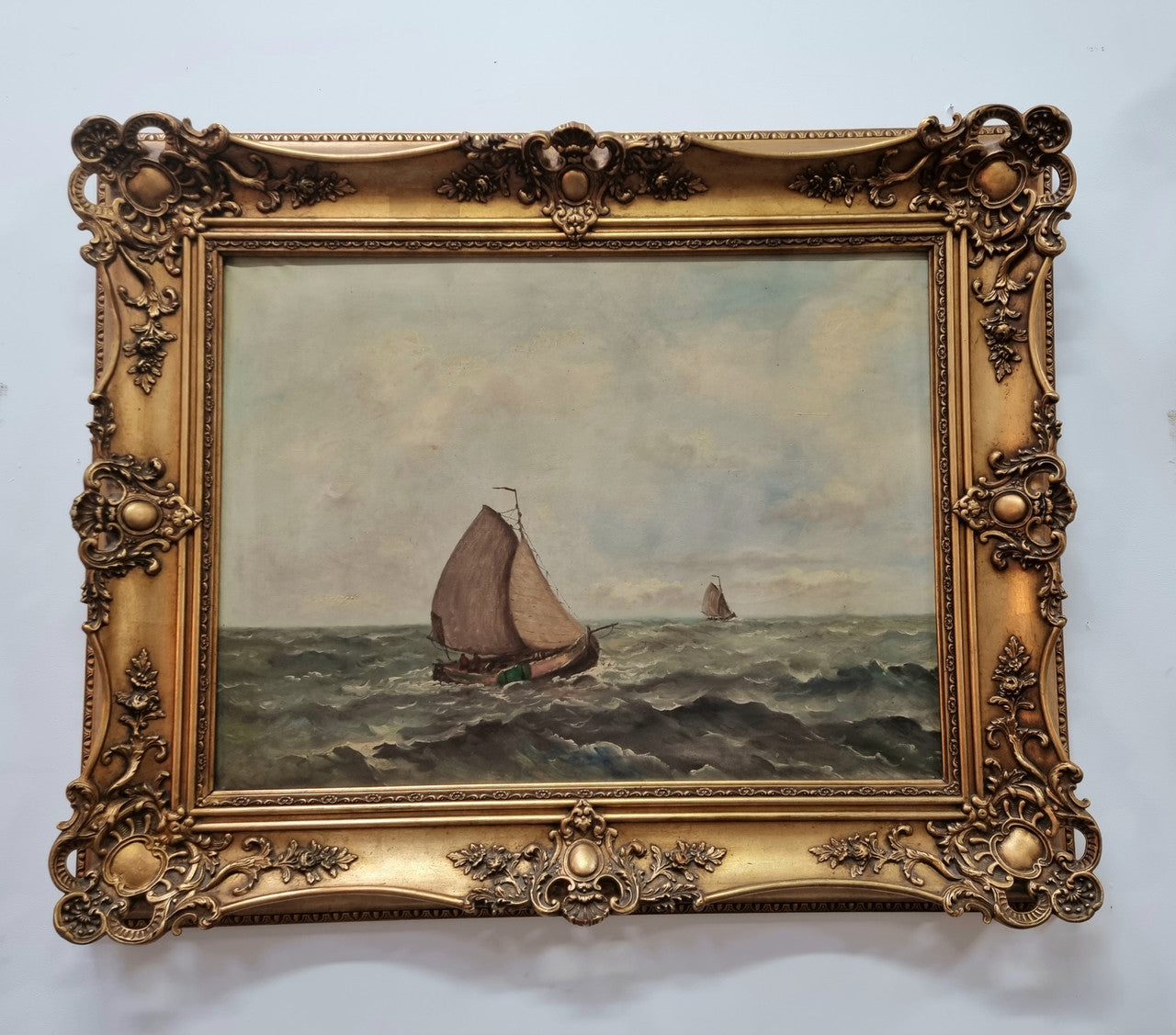 Beautiful 19th century French school oil on canvas of a ship in rough seas and framed beautifully in an ornate frame in good condition.
