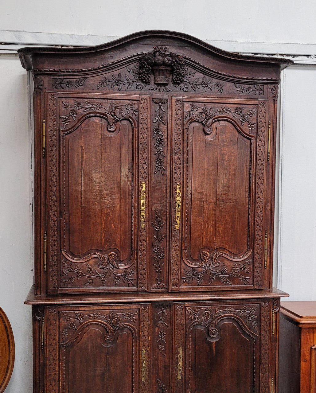 French Oak 18th Century superbly carved sideboard buffet. This amazing buffet has loads of character which is expected being circa 1790's. The top section has two fixed shelves and the bottom section has one fixed shelf. It has been sourced from France and is in good original detailed condition.