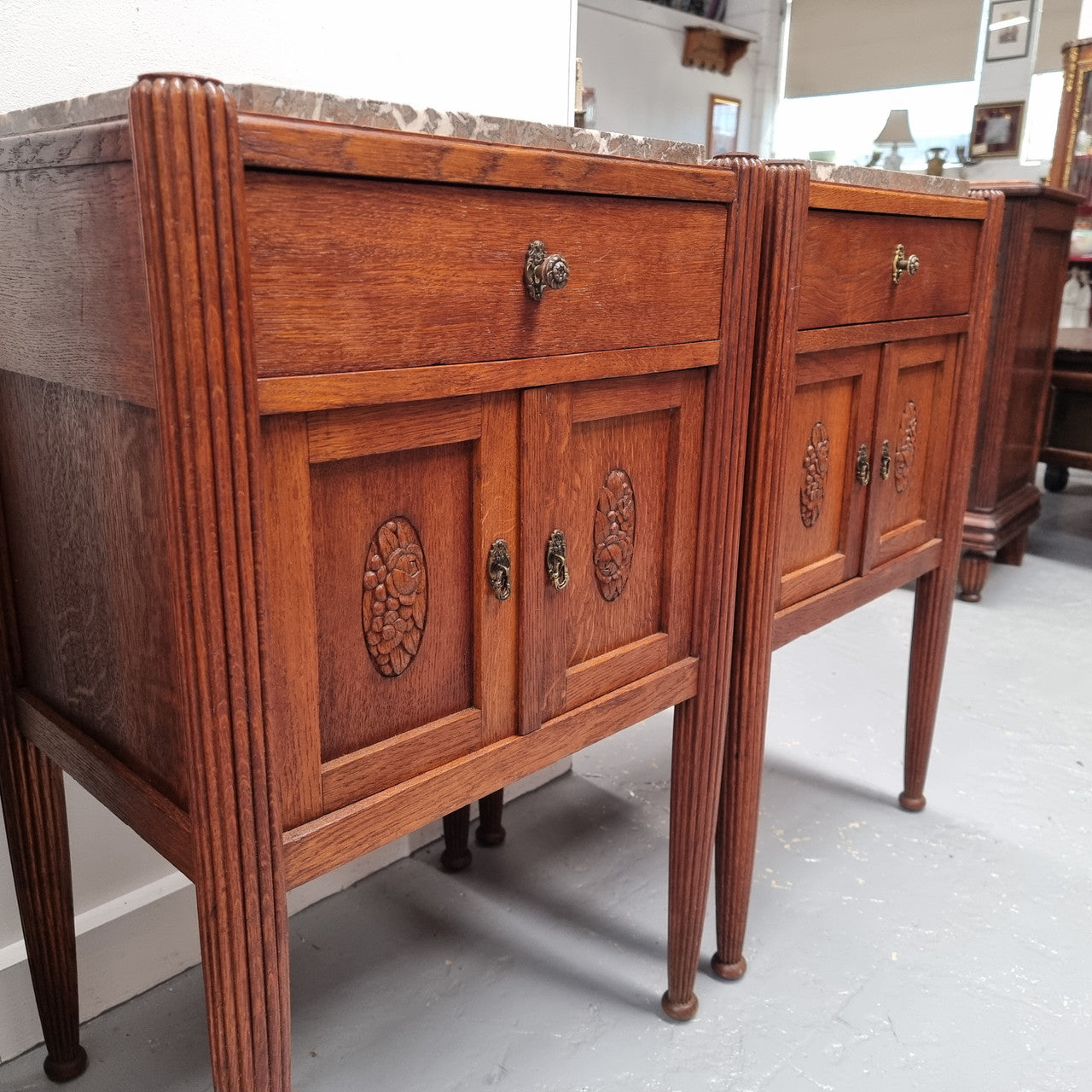 Pair French Louis 16th Style Oak Marble Top Bedsides