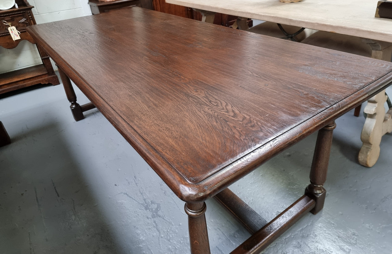 French Dark Oak Farmhouse Style Stretcher Base Dining Table