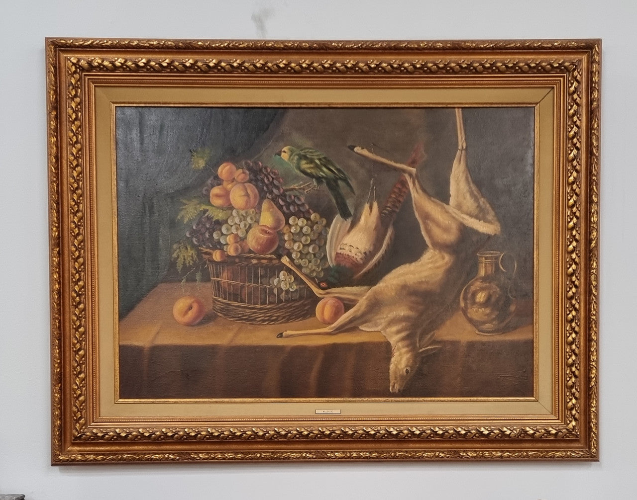 Sourced in France is the beautiful still life oil painting on canvas, of a bird, rabbit and deer. Framed in a beautiful ornate gilt frame and in good original condition.
