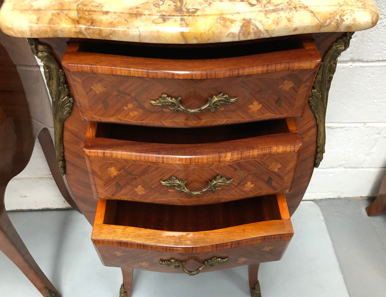 Pair of French Louis XV Style Marquetry Inlaid Marble Top Bedsides