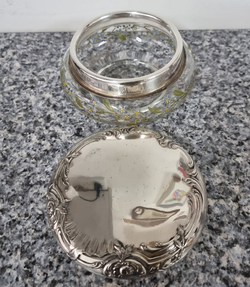 Silver lidded dressing table powder/trinket bowl with beautifully hand-painted floral enamel. In good condition please view photos as they help form part of the description.