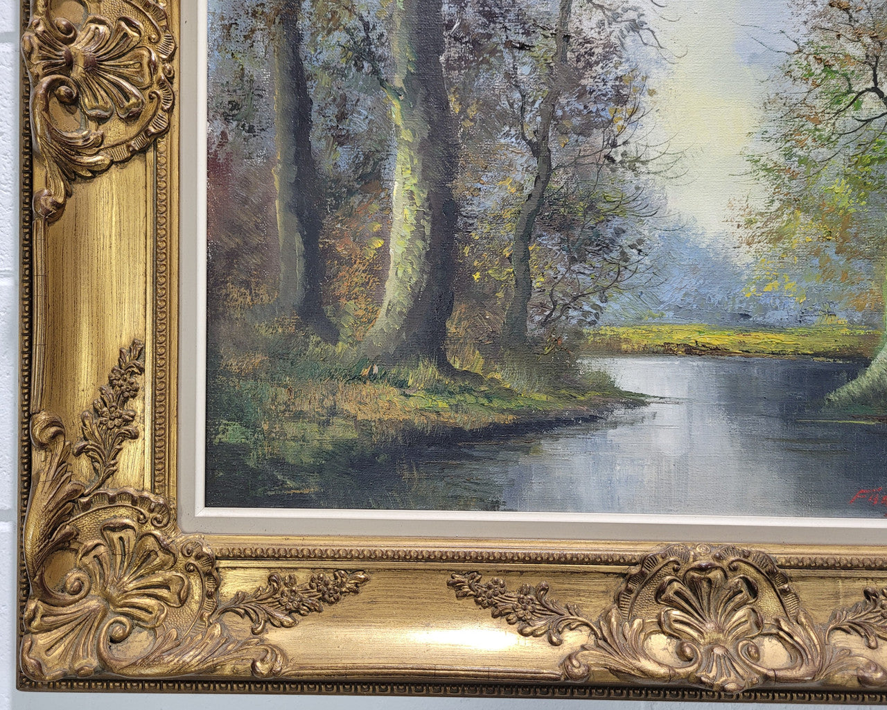 Stunning large French oil on canvas painting depicting river landscape. Signed by “Franks”. In good original gilt frame.