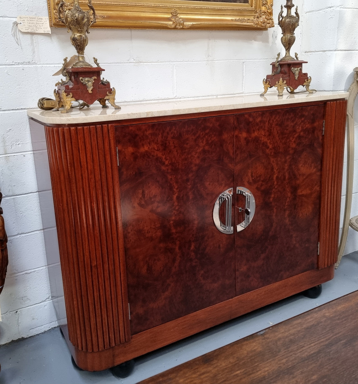 Beautiful Bespoke Art Deco style Walnut and Mahogany marble top buffet. In good original detailed condition.
