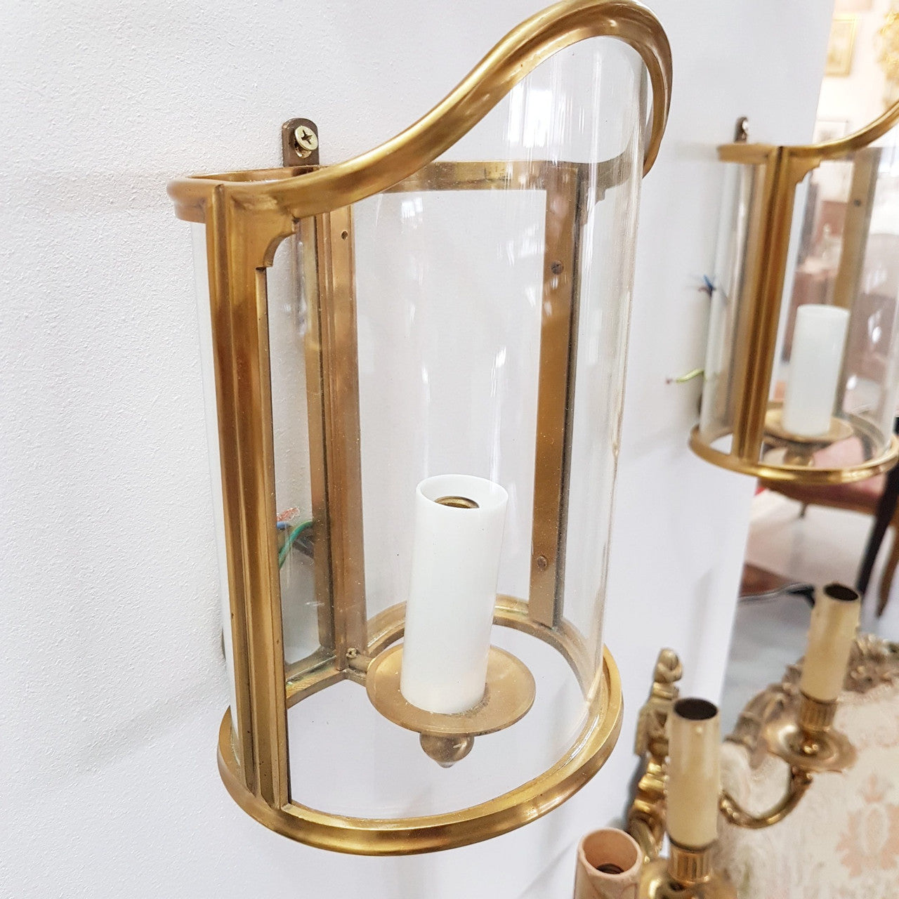 A Pair French Gilt Louis XVI Style Wall Lanterns With Moulded Glass Surround
