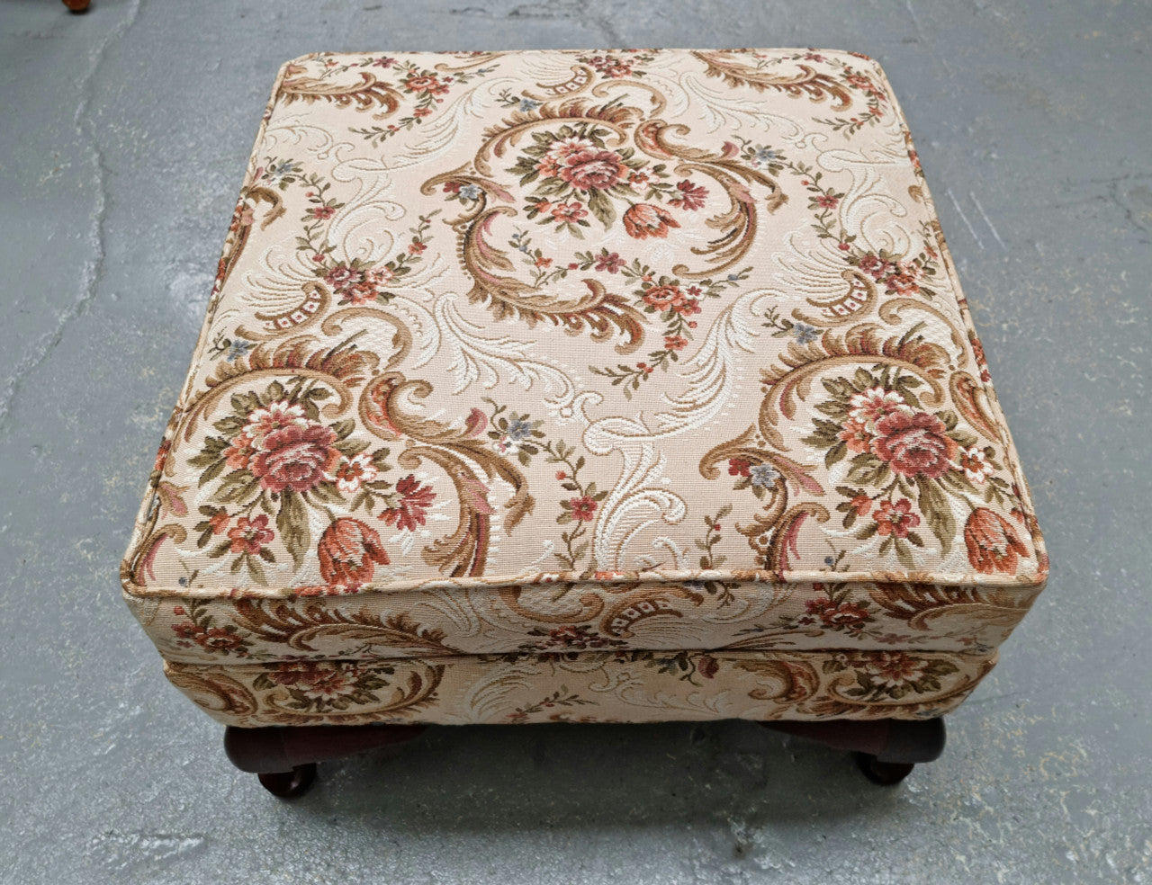 Vintage Mahogany Tapestry square foot stool. It is in good original used condition and can be used as is or be reupholstered.