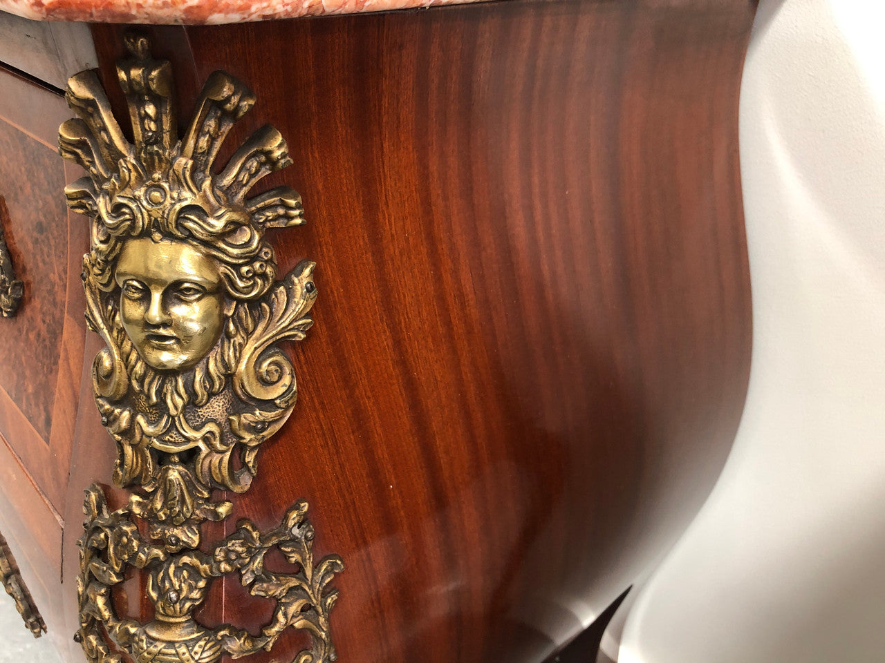 Grande French Louis XIV th style Amboyna and walnut two drawer marble top commode, with amazing detailed ormolu mounts, and sienna colour marble top. In good original detailed condition.