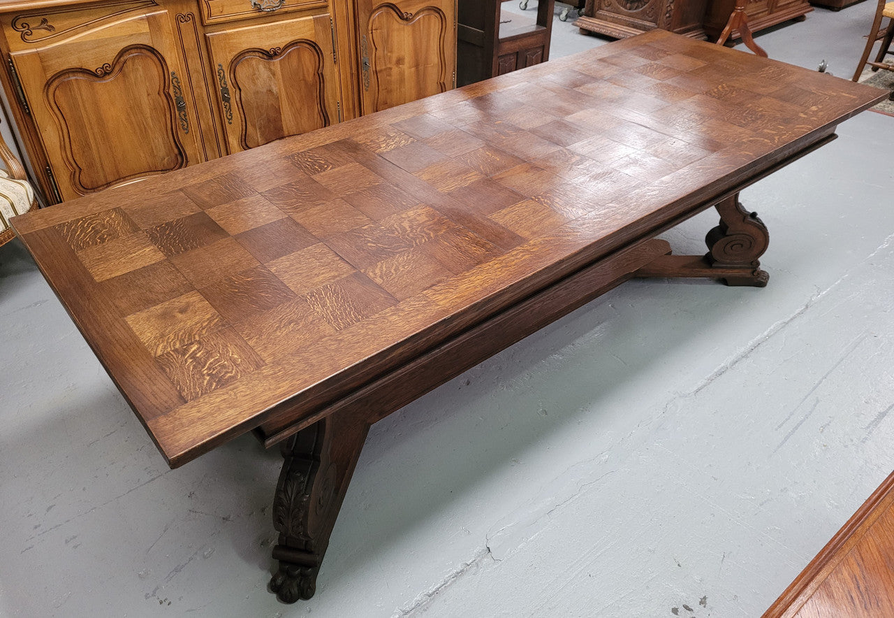 Stunning 2.55 meter French Spanish style parquetry top Oak table. Amazing one piece top and it is in good original detailed condition.