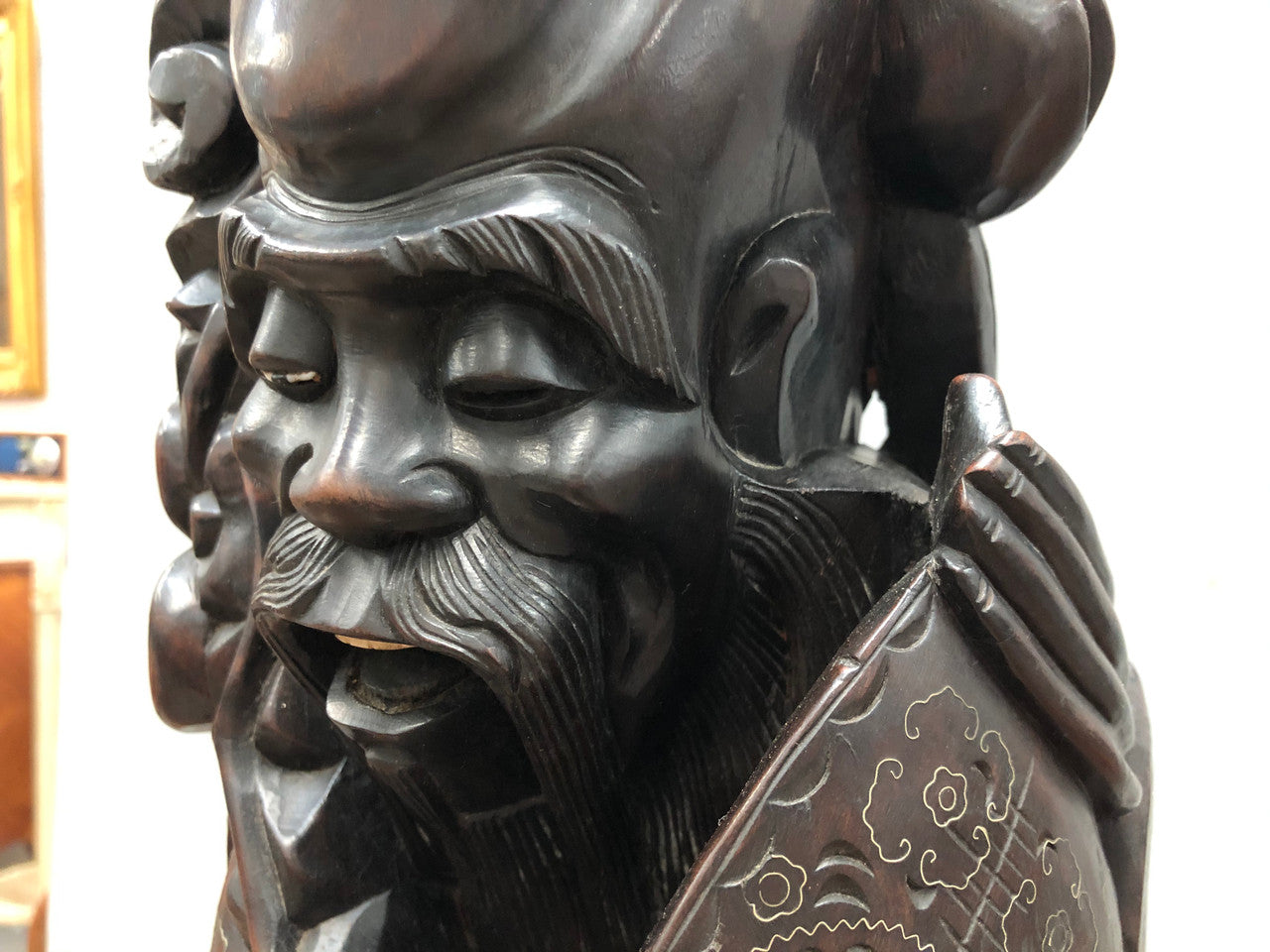 Antique Chinese hand carved Rosewood Immortal "Shou Xing" God of longevity lamp base. Profusely inlaid with brass cloisons. Meiji period Circa 1880.