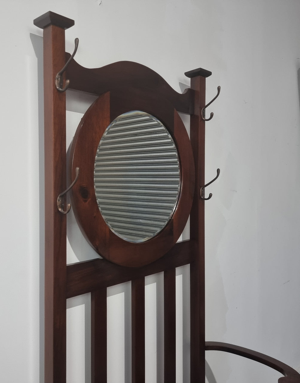 Blackwood Federation hall stand of pleasing narrow proportions. Beautiful round mirror with four lovely hooks and a lift up sit for added storage. In good original condition.