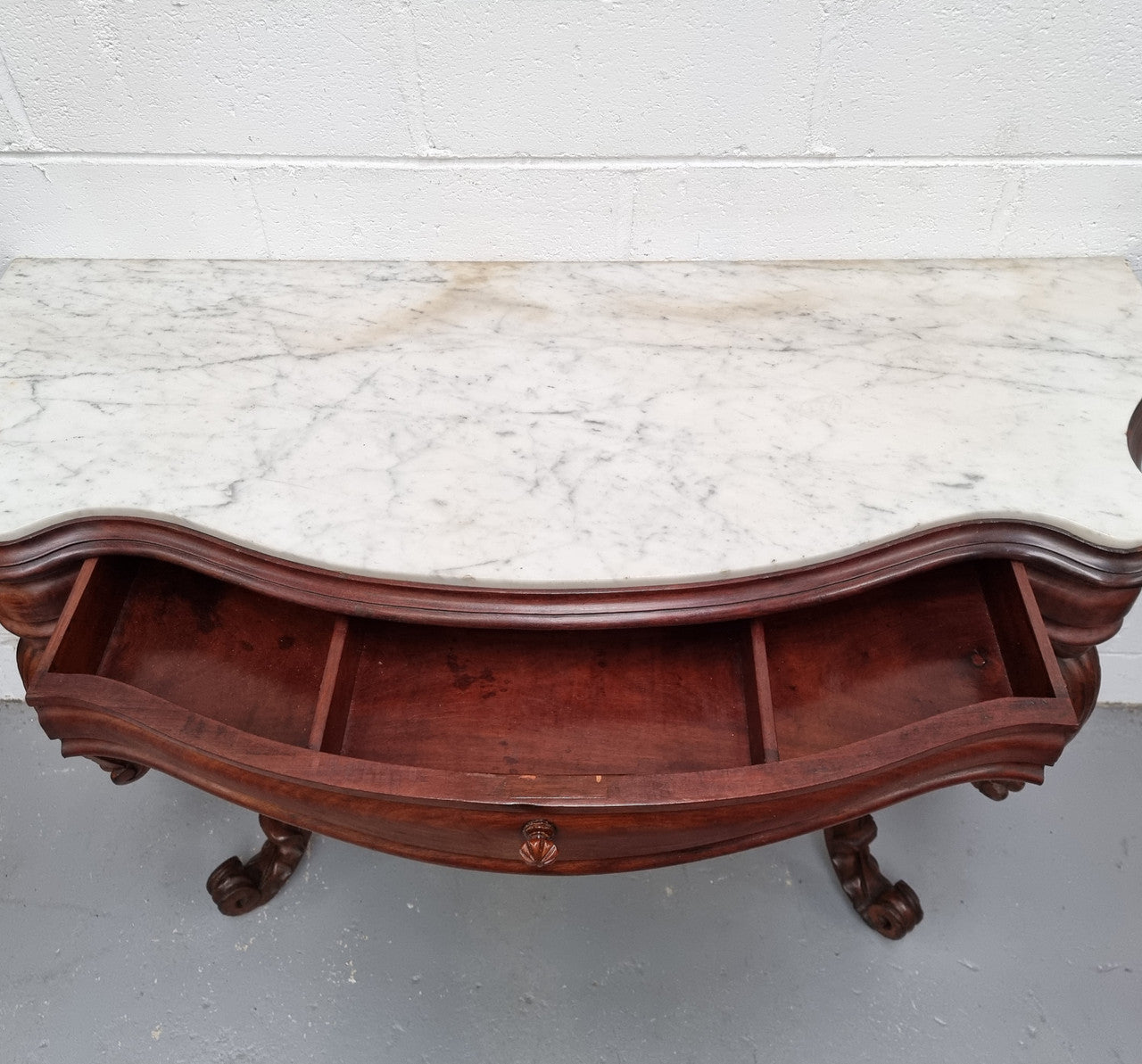 19th Century French Mahogany marble top console table. Louis XV style with white marble top and single drawer. Sourced from France and in good original detailed condition.