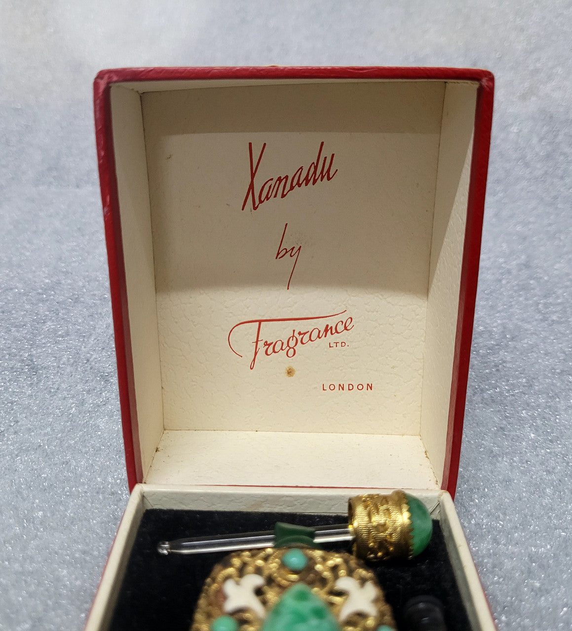 Stunning Xanadu by fragrance LTD. London perfume bottle, doppler and vile (In love, Hartwell). In original box and great condition.
