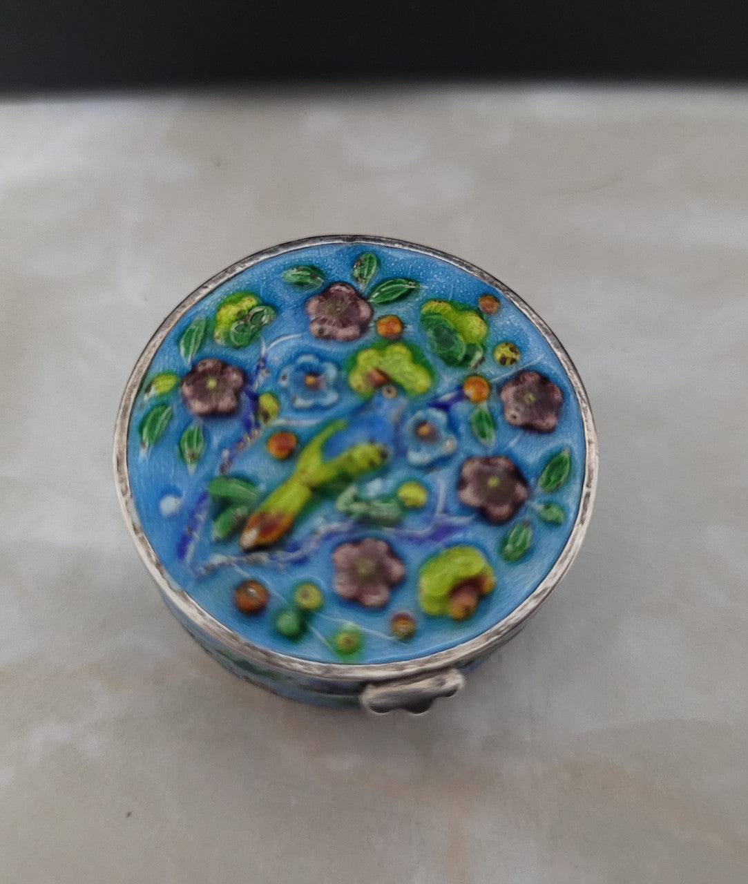 Antique Chinese silver and enamel pill box . In good original condition, please view photos as they help form part of the description.