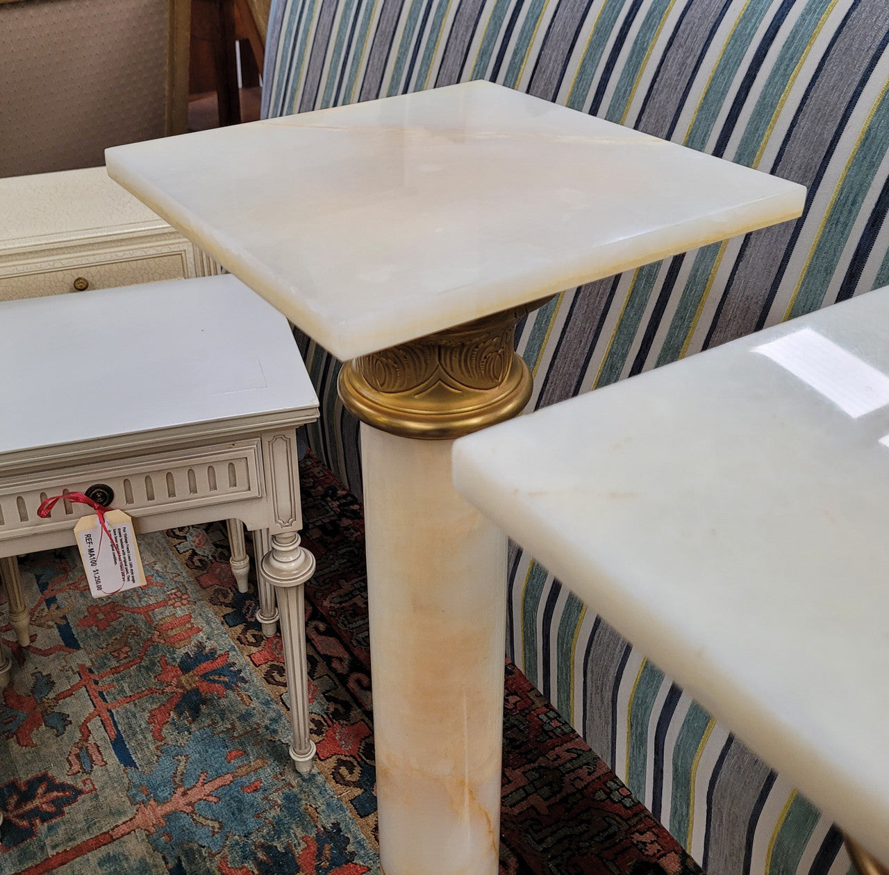 Pair of Imposing French alabaster marble and bronze pedestals. They are highly decorative and have been sourced from France. They are in good original detailed condition.