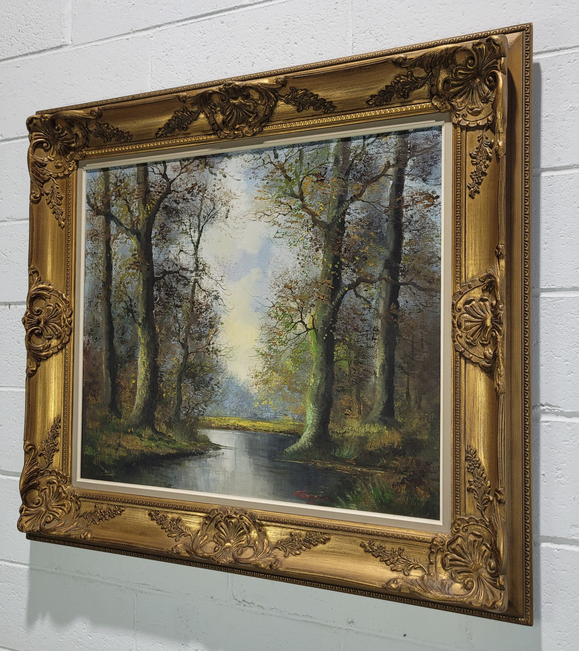 Stunning large French oil on canvas painting depicting river landscape. Signed by “Franks”. In good original gilt frame.