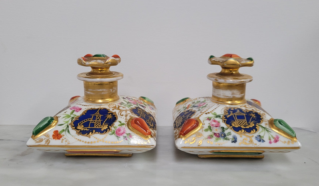 Rare Pair of Cushion Shaped Old Paris Porcelain Scent Bottles