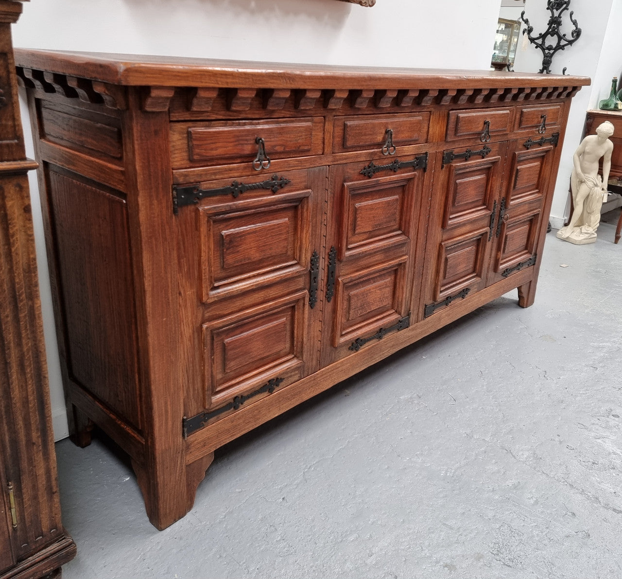 Large French Oak Spanish Style 4 Door Buffet