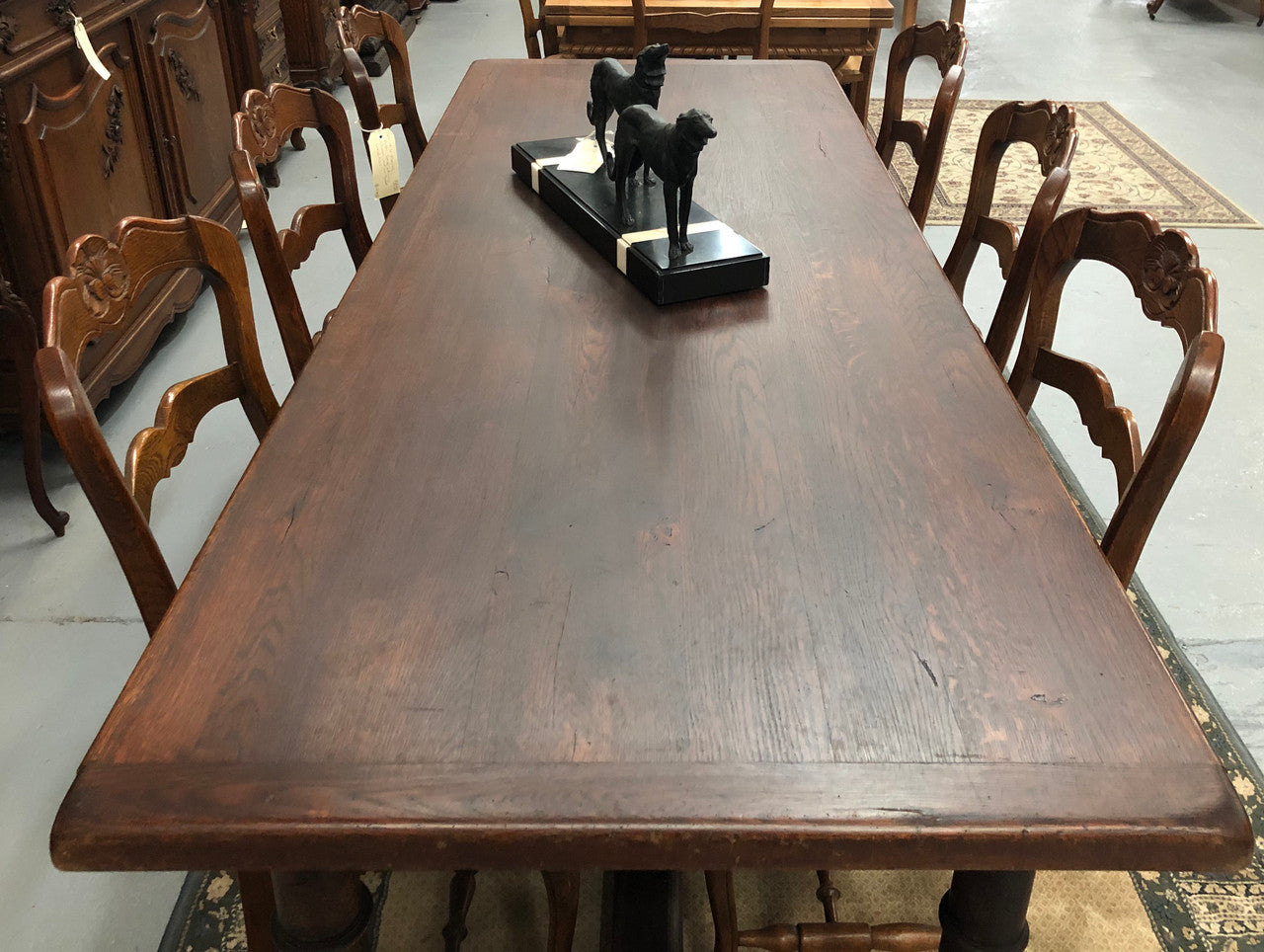 French dark Oak stretcher based farmhouse table. Can sit 6-8 people and is in very good original condition.