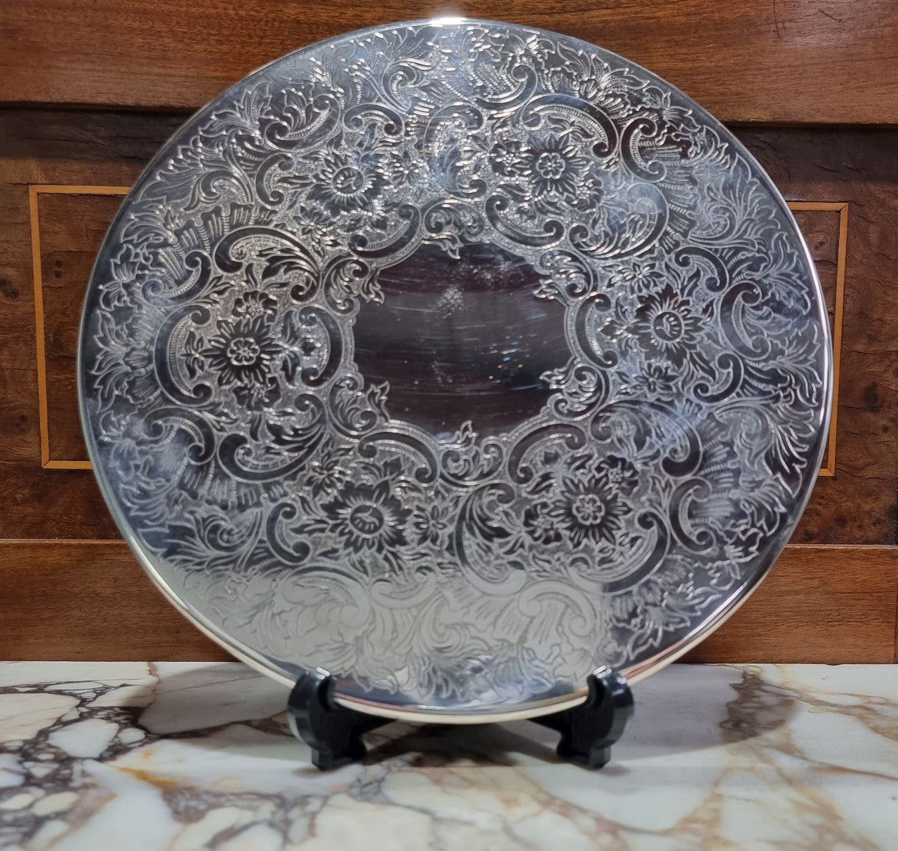 Two Strachan 30cm Silver Plate center table coasters. In good original condition.