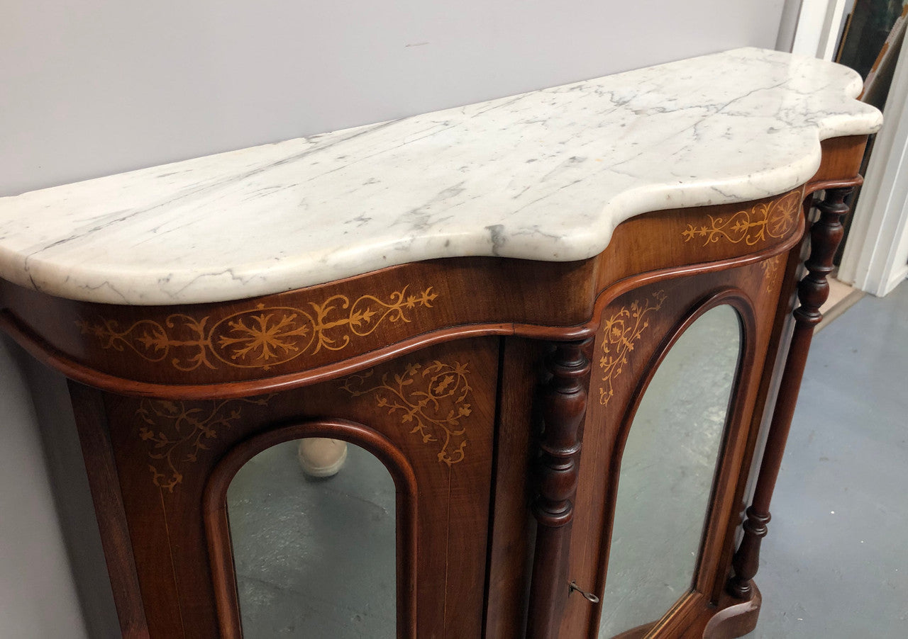 Petite Victorian Marble Top Sideboard-Credenza With Beautiful Marquetry Inlay