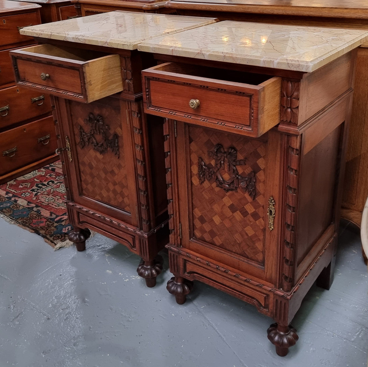 Impressive Pair of Walnut Parquetry Inlaid Henry II Style Marble Top Bedside Cabinets
