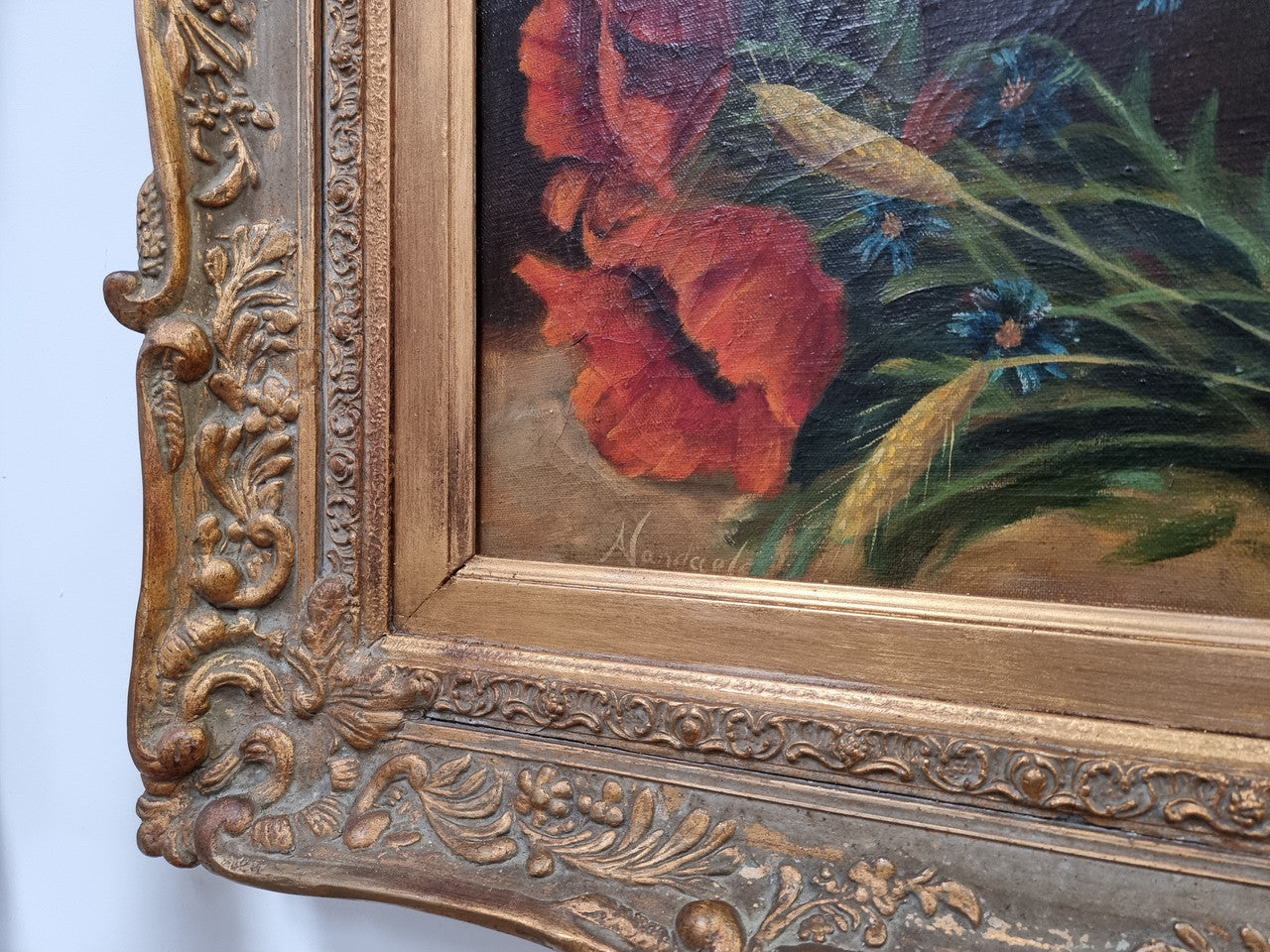 Lovely French signed floral oil on canvas of beautiful Poppies and Daisies in a ornate decorative frame. In good original condition.