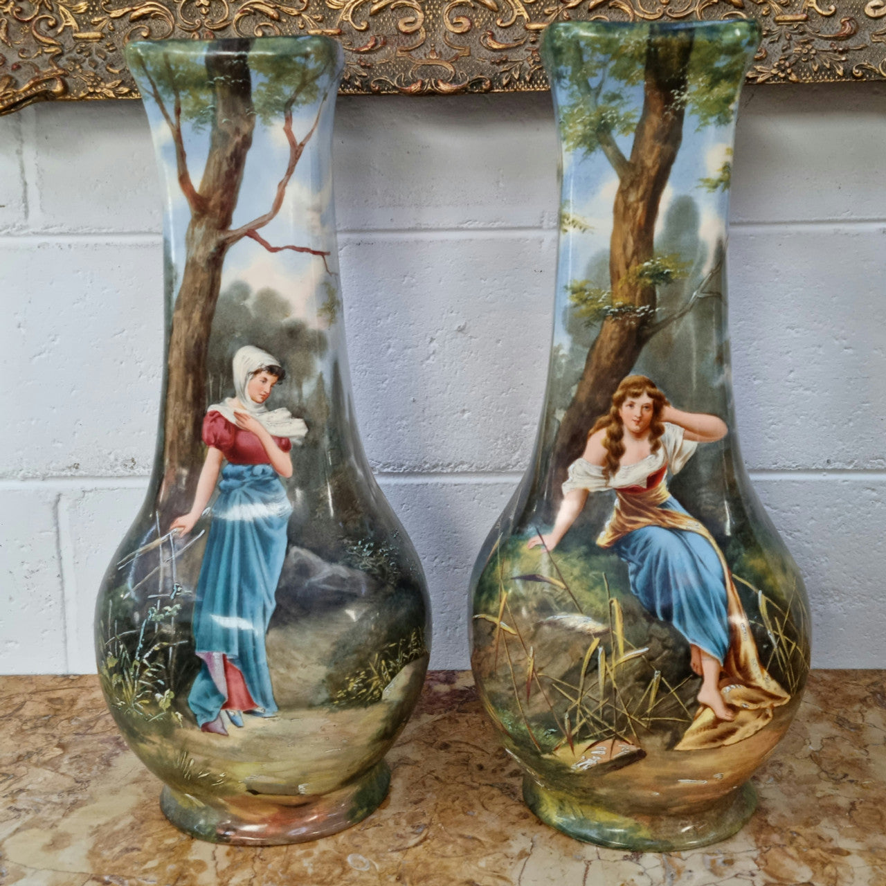 French pair of 19th century large handpainted vases of beautiful women and in good original condition
