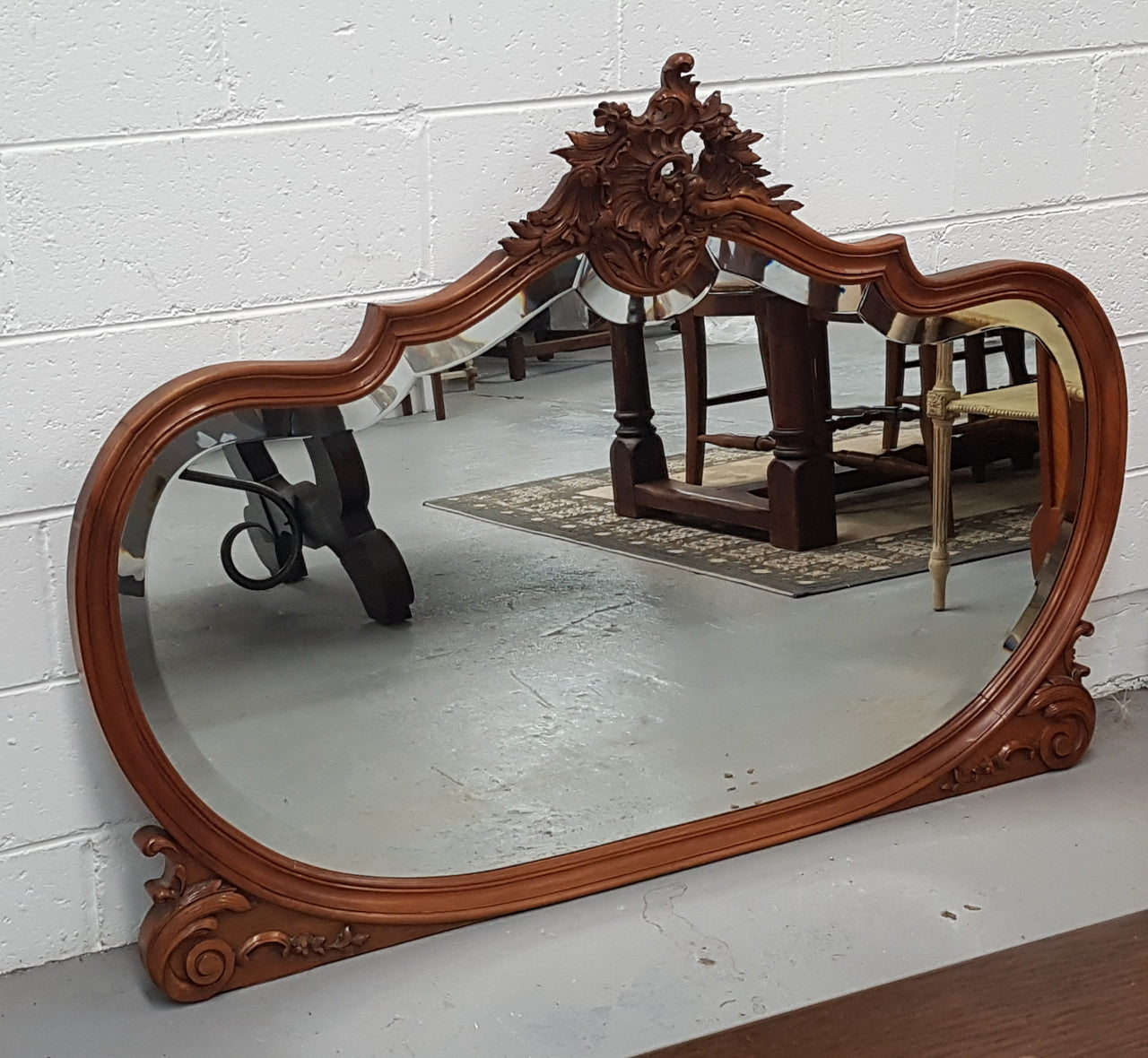 French Antique Louis XV Style Walnut Bevelled Glass Mantle Mirror