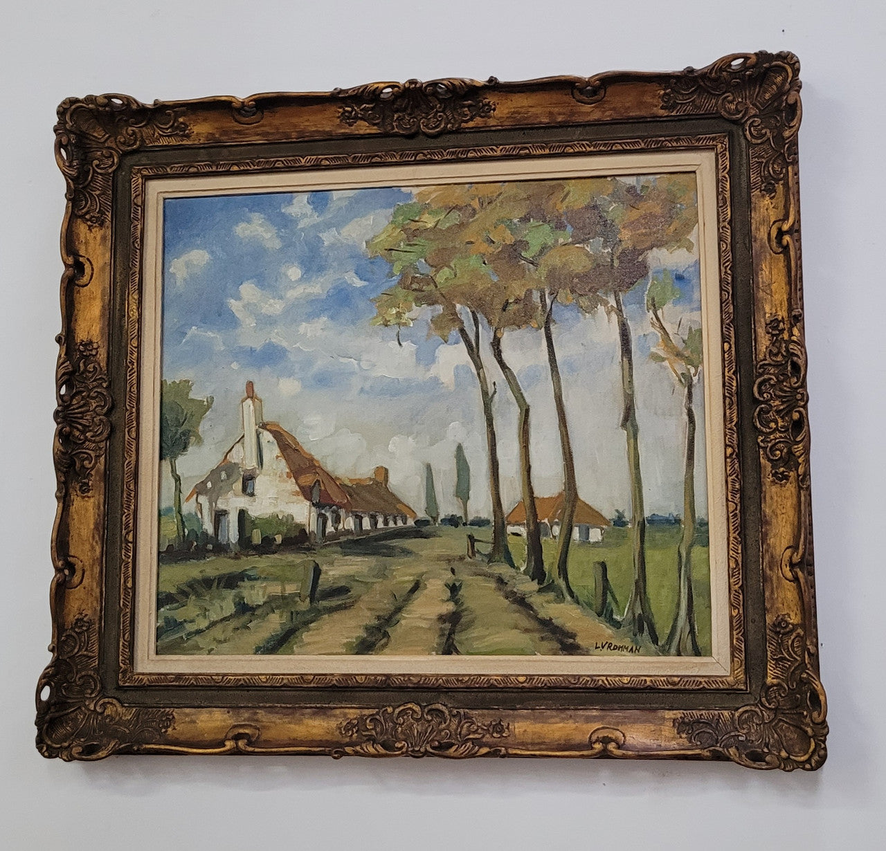Impressionist style oil painting on canvas and on board of a farm scene. In an ornate gilt frame and in good original detailed condition.