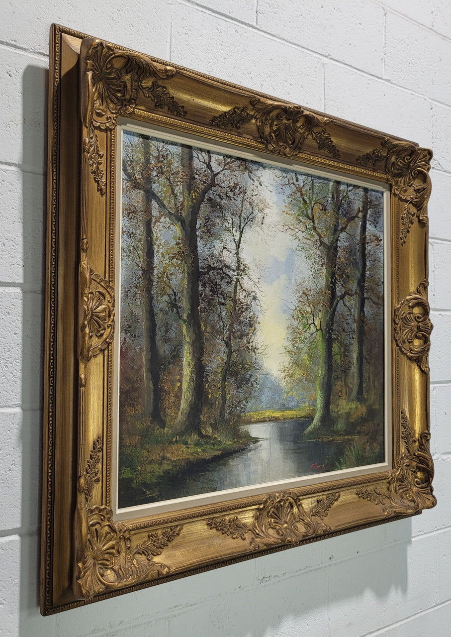 Stunning large French oil on canvas painting depicting river landscape. Signed by “Franks”. In good original gilt frame.