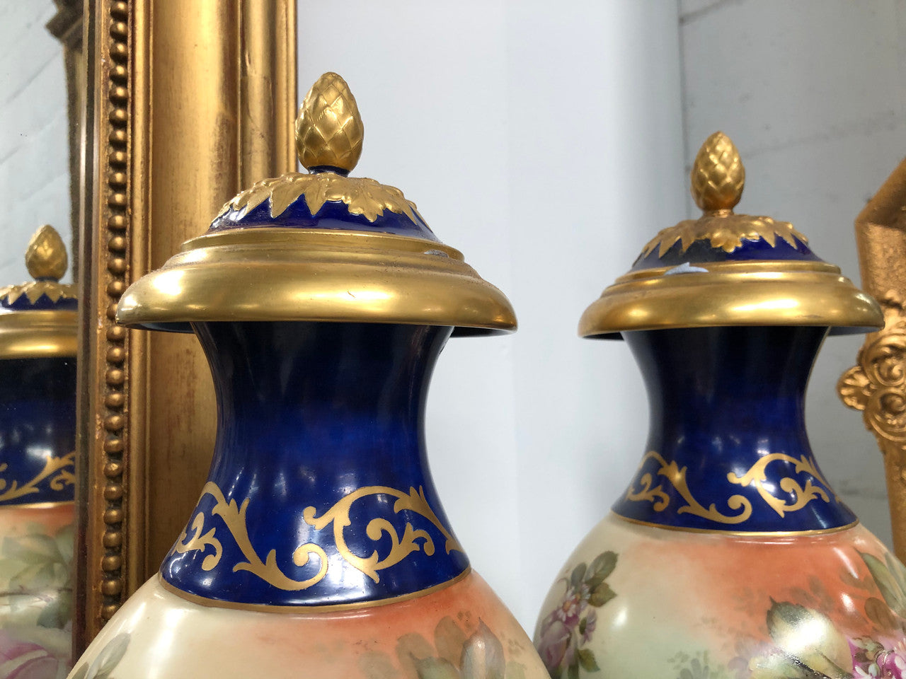 Pair Of French Antique Flower Decorated Vases