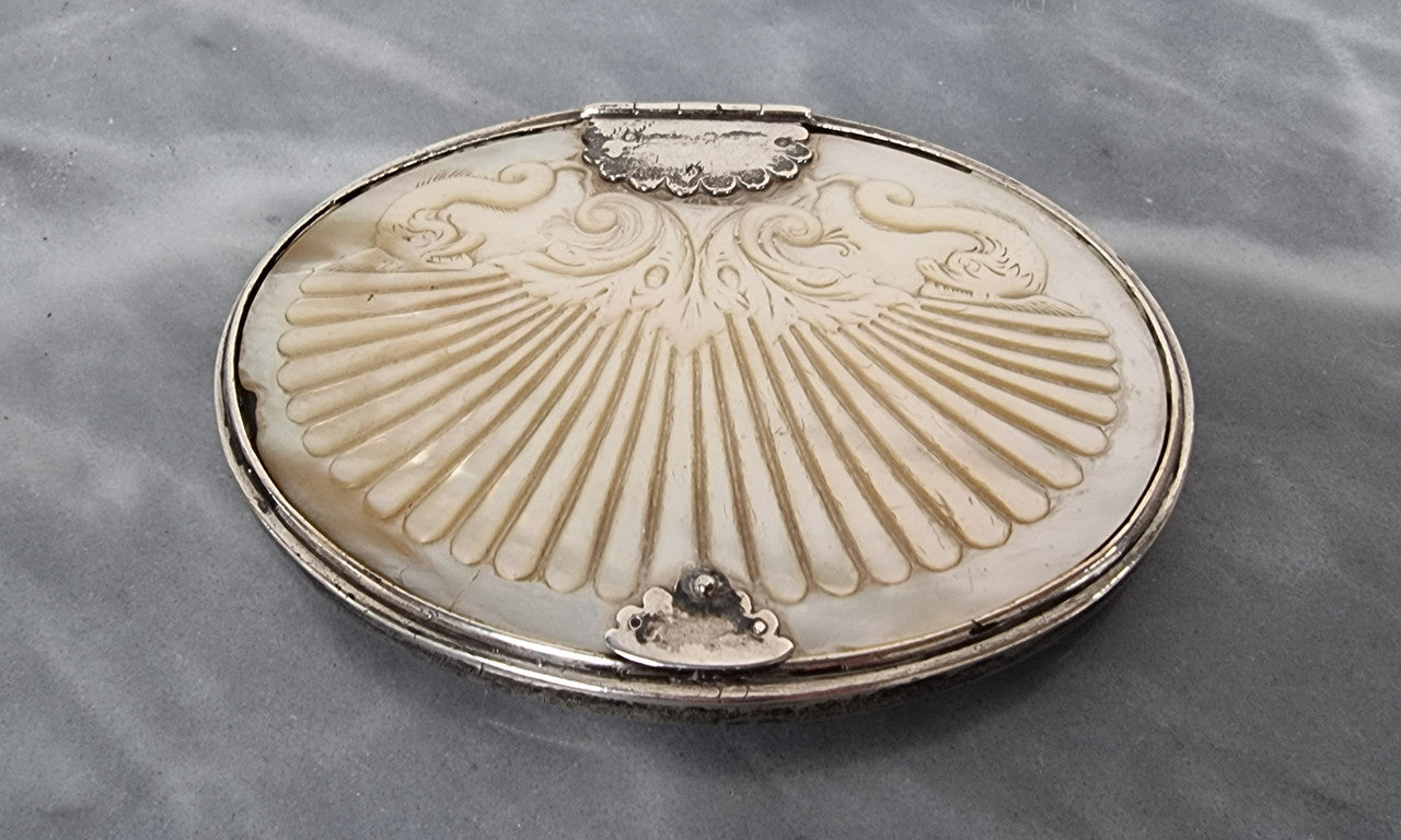 Stunning Oval Georgian Silver & Carved Mother of Peral Snuff Box