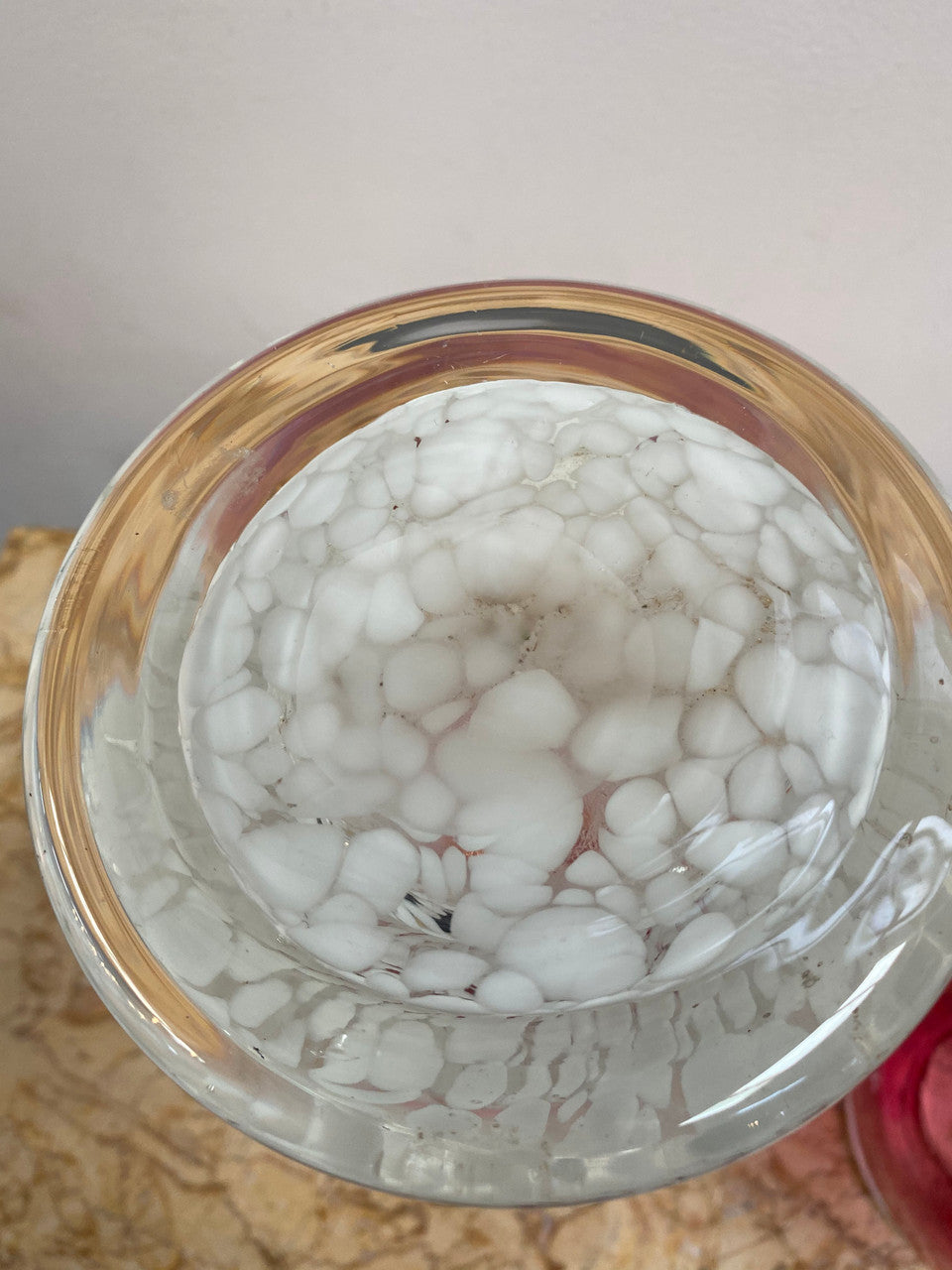 Pair of large Edwardian Ruby & Milk art glass vases. Handmade and in good condition. Circa 1900.
