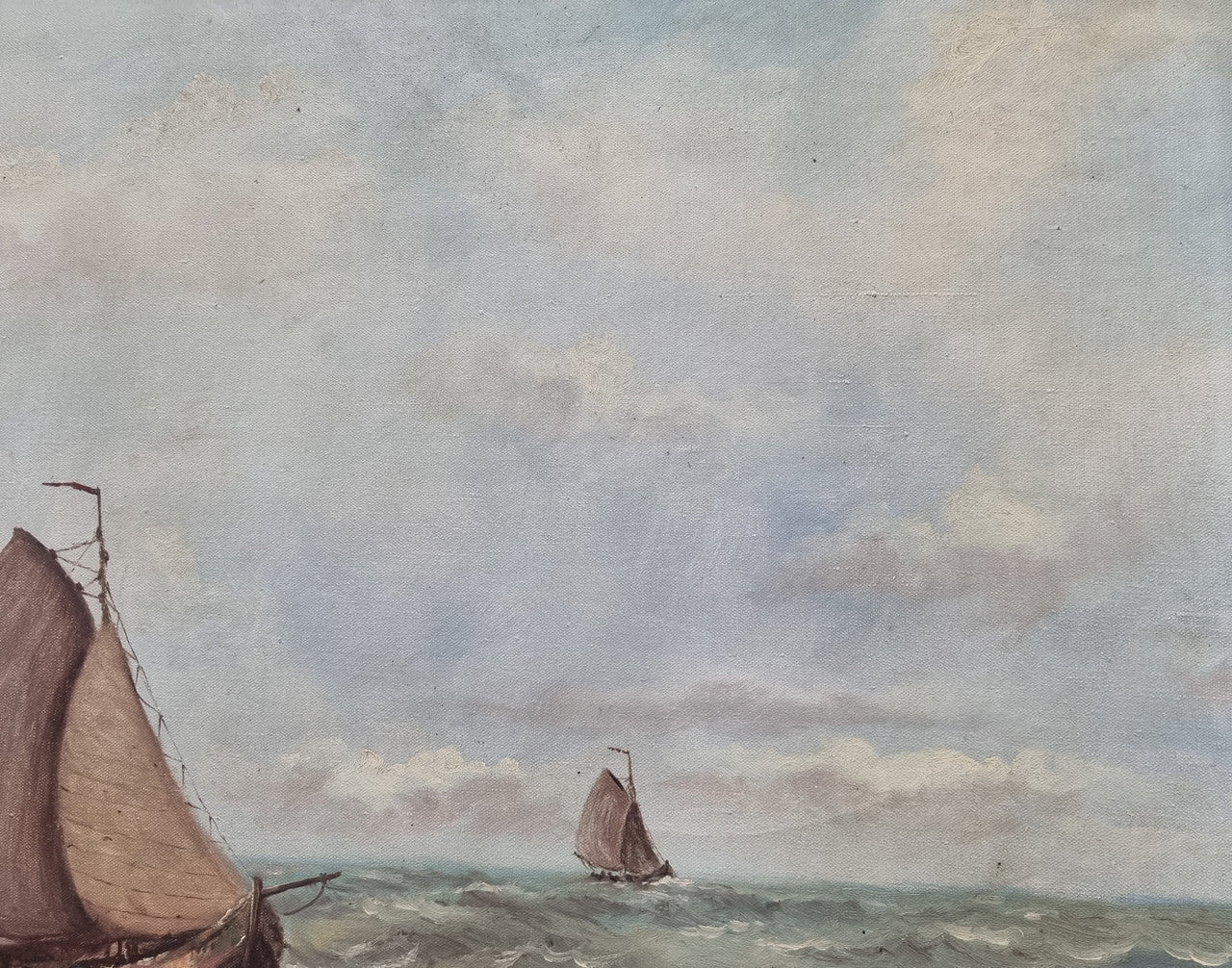 Beautiful 19th century French school oil on canvas of a ship in rough seas and framed beautifully in an ornate frame in good condition.