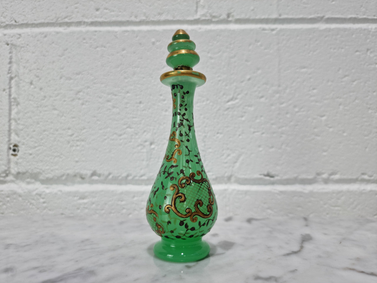 Rare French 19th century green opaline glass scent bottle with gilt decoration to body. In good original condition, please view photos as they help form part of the description.