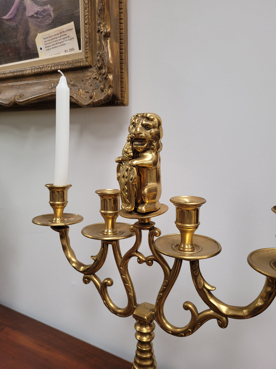Pair of large Antique French Brass candelabras with lions. They have been sourced from France and are in good original detailed condition.