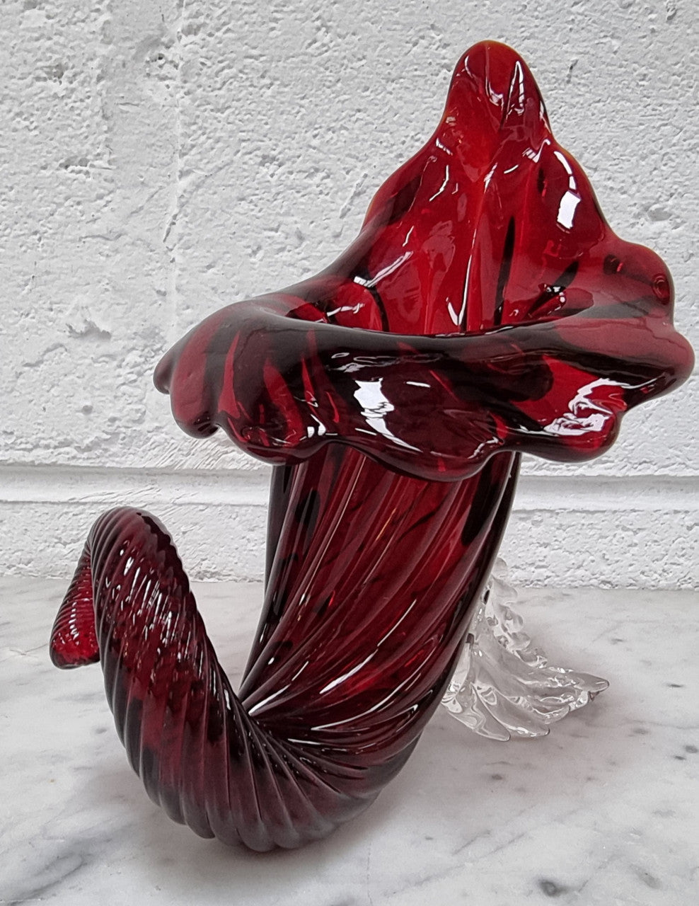 Vintage Ruby Red Murano Glass Cornucopia.