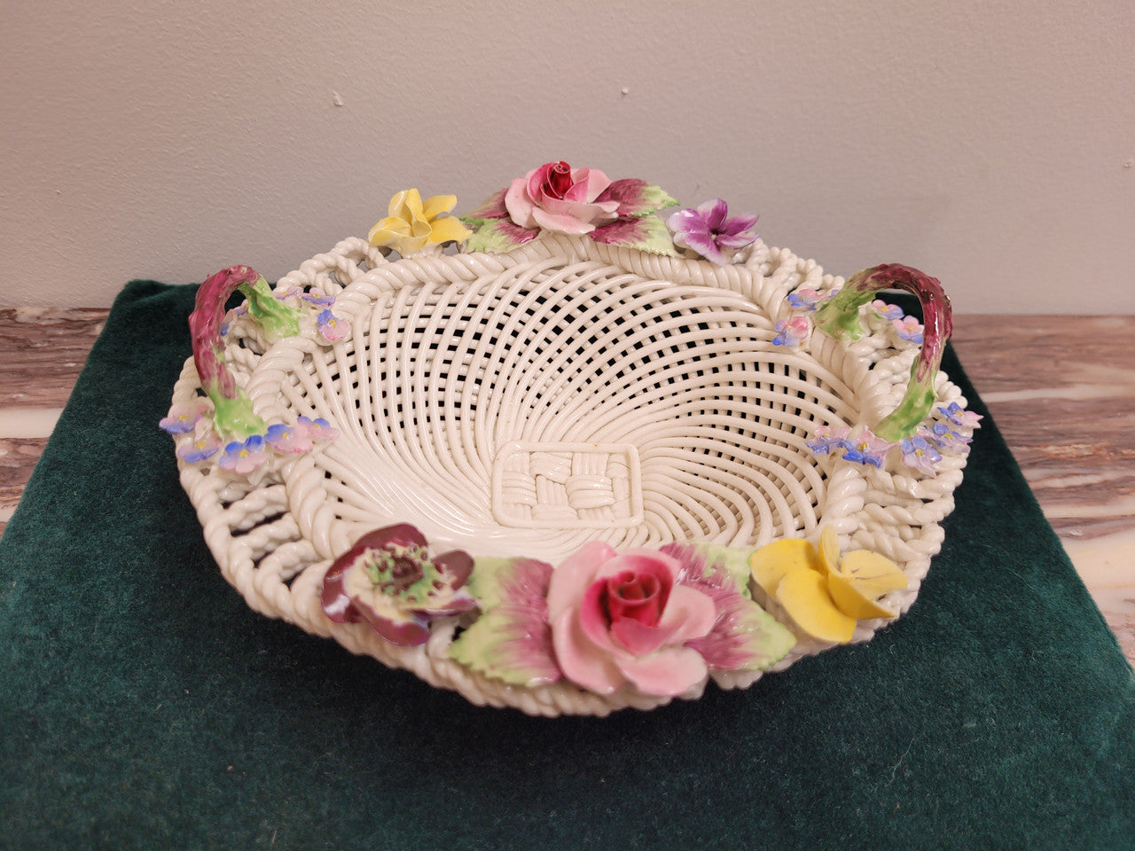 Vintage Adderley English bone china flower encrusted basket bowl. Good condition, please see photos.