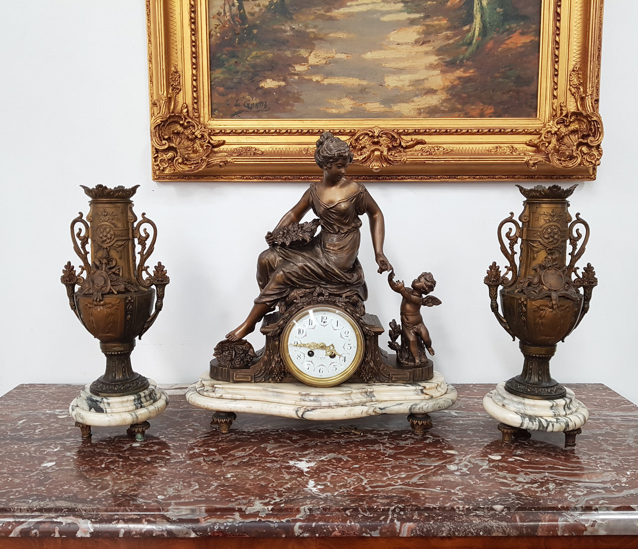 French Three Piece Clock Set Of Women And Cupid