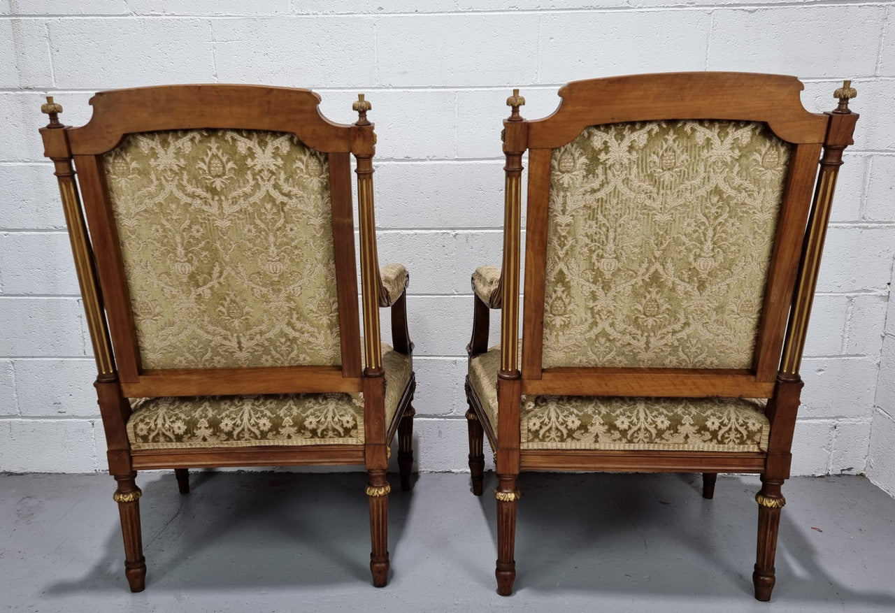 Beautiful French walnut Louis XVI style upholstered three piece Salon Suite. It has lovely fabric which is in overall good condition and is very comfortable to sit in. In good original detailed condition.