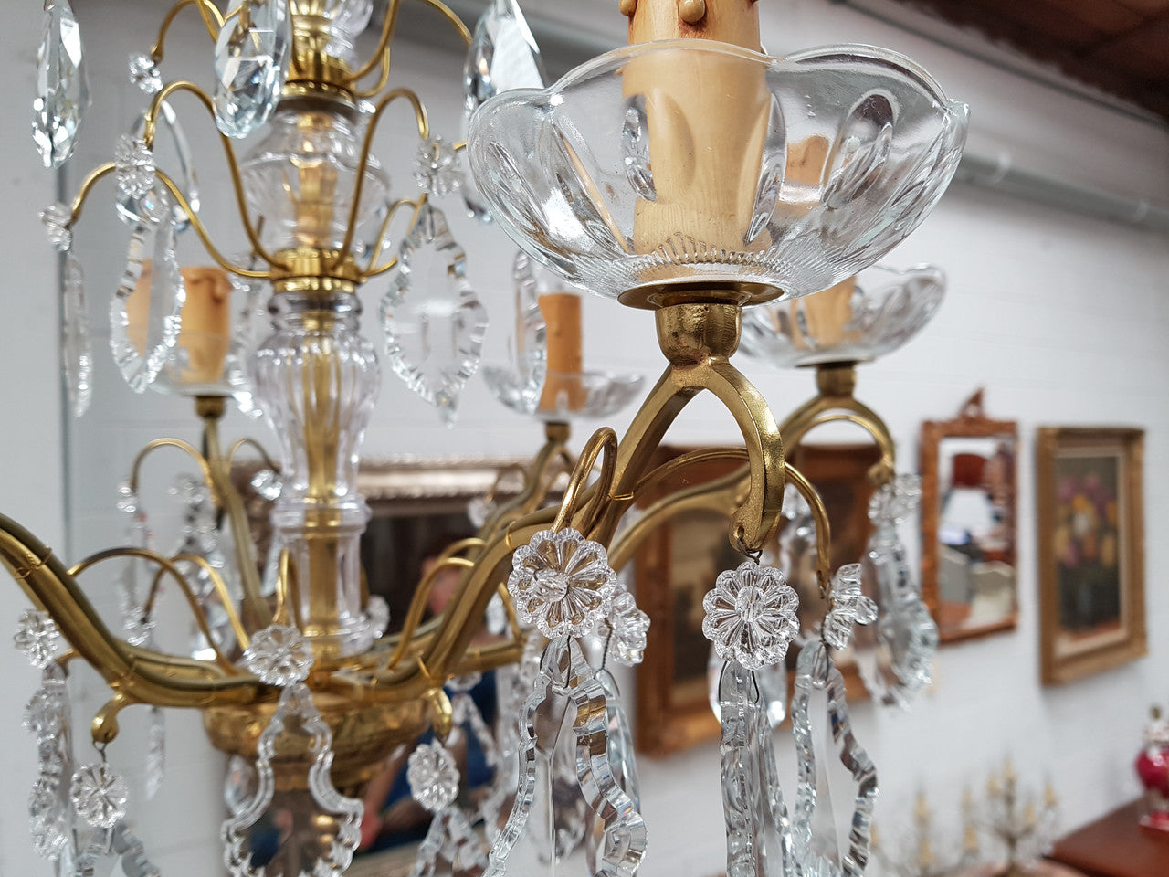 French Brass & Crystal Six Arm Candle Light Chandelier