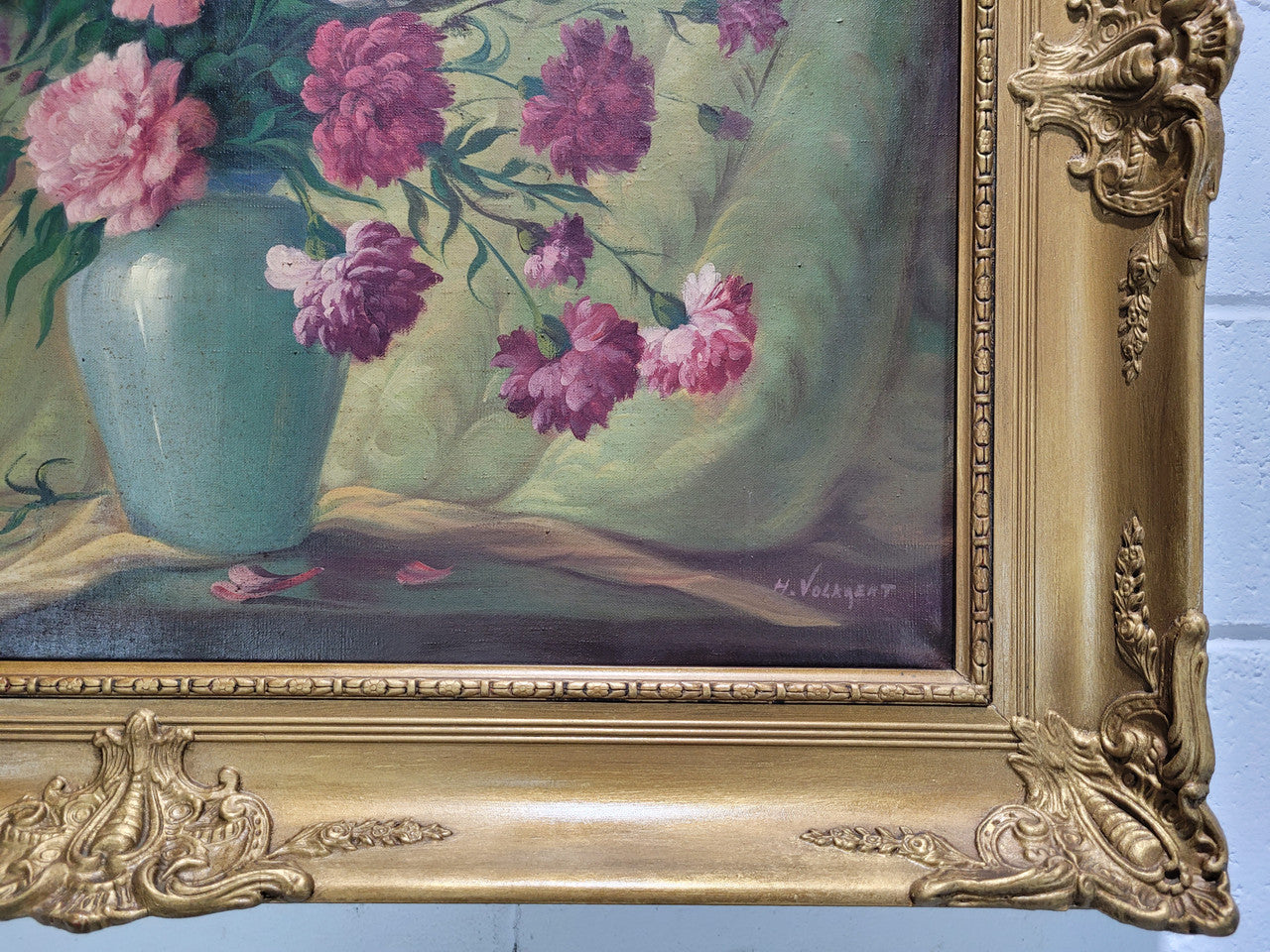Stunning large French oil on canvas of a floral study signed, in good original gilt frame.