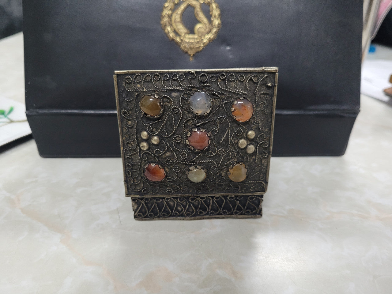 Antique Asian Silver and Agate trinket box. In good original condition.